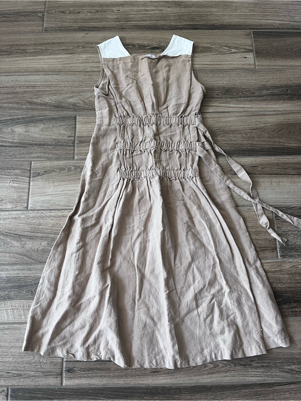 Crimson + Clover Sleeveless Neutral-Tan Linen Blend Dress with Smocked Waist